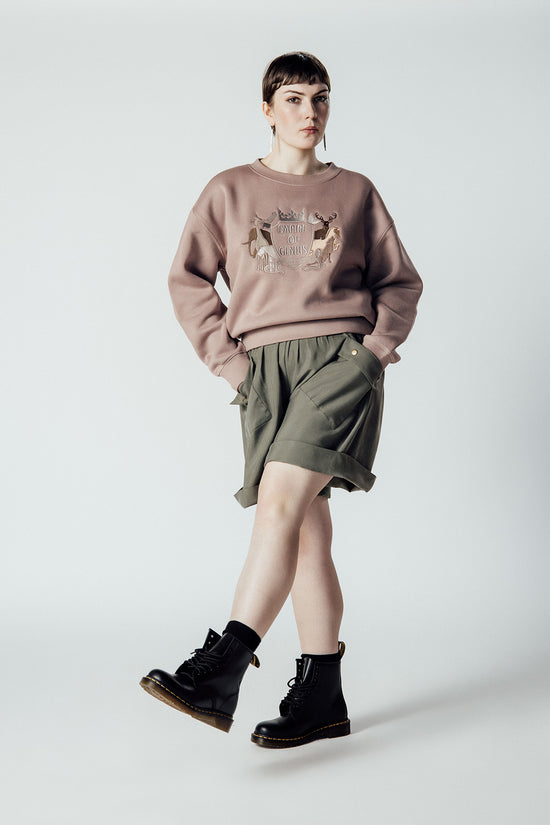 Image Title Empire of Genius Sweater in Dusty Pink with Embroidered Silvers and Golds